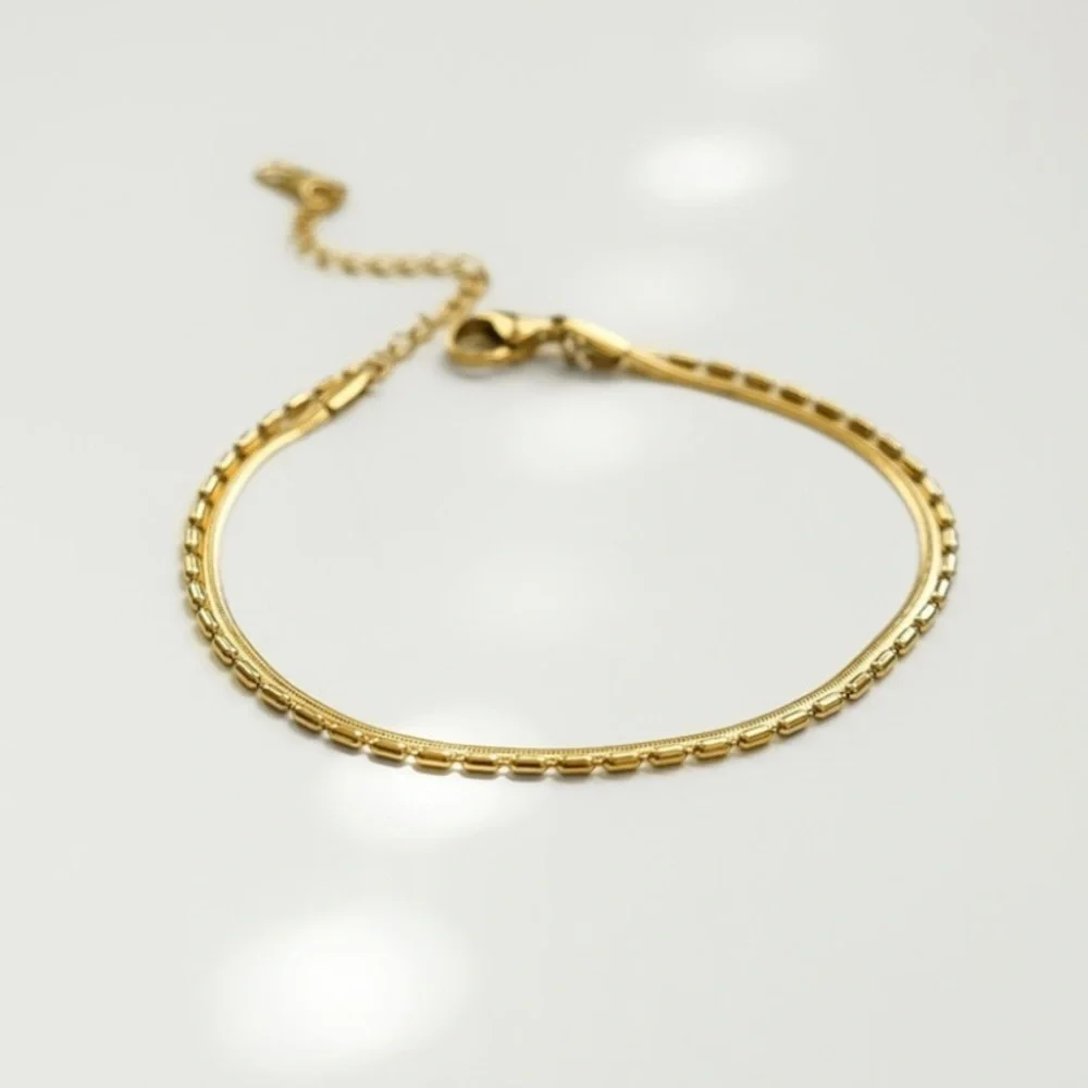 Herringbone Beaded Link Chain Bracelet Set | 18K Gold Plated Stainless Steel - Picture 2 of 3